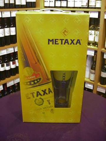 Metaxa 5 Star Brandy and Metaxa Logo Glass in bright vibrant gift box.  Buy Spirits Online